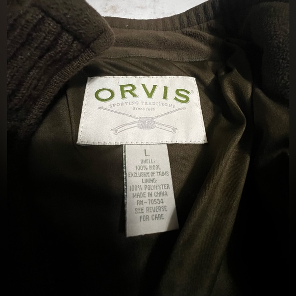 Orvis Wool Jacket Full-Zip Lined Chest Patch Shooting Hunting Olive Green Sz M - Picture 2 of 5